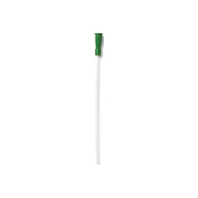 Sterile medical catheter with green funnel on white background