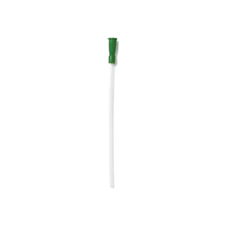 Sterile medical catheter with green funnel on white background
