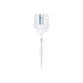 Sterile medical urine collection bag with attached drainage tube on white background