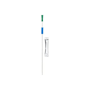 Sterile intermittent urinary catheter with green funnel and lubricant packet on white background