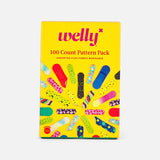 Value pack of 100 assorted patterned flex fabric bandages in a bright yellow box.