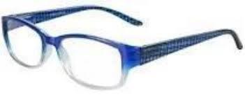 Blue rectangular eyeglasses with translucent frames and textured arms on a white background