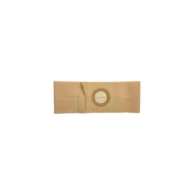 Beige abdominal hernia support belt with circular opening, medical supply product