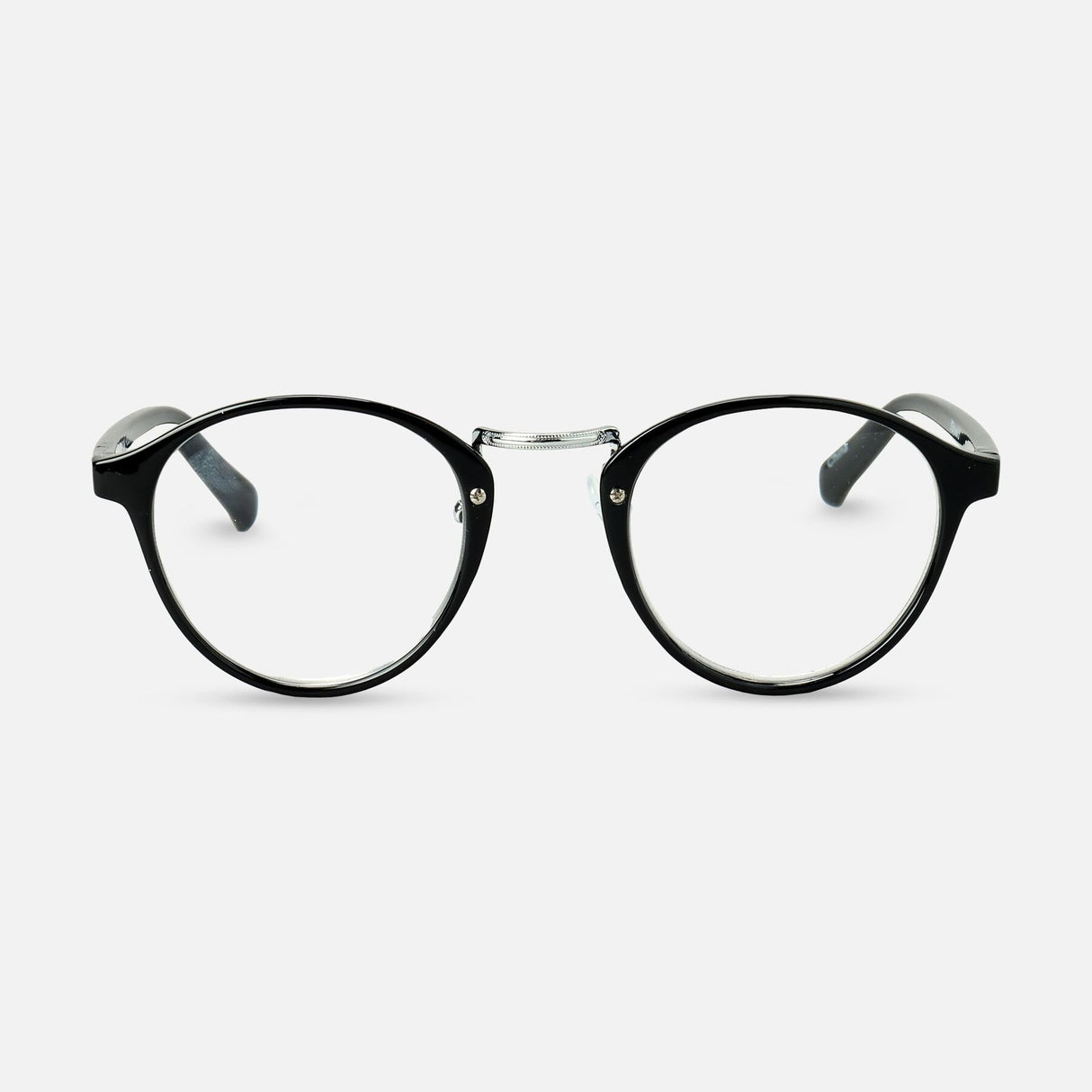 Black round reading glasses with clear lenses on a white background