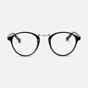 Black round reading glasses with clear lenses on a white background