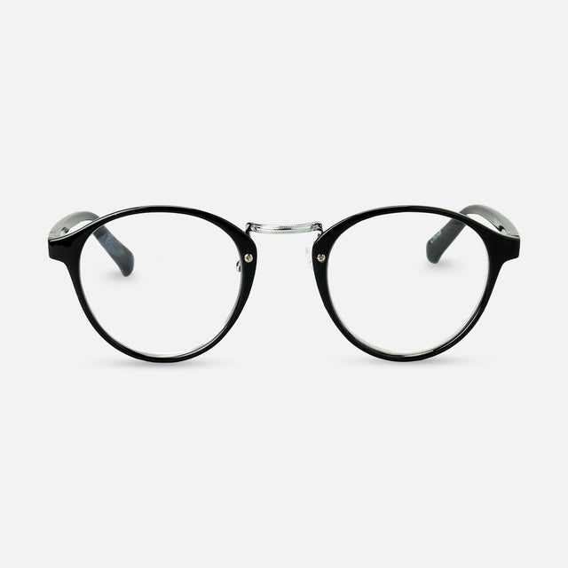 Black round reading glasses with clear lenses on a white background