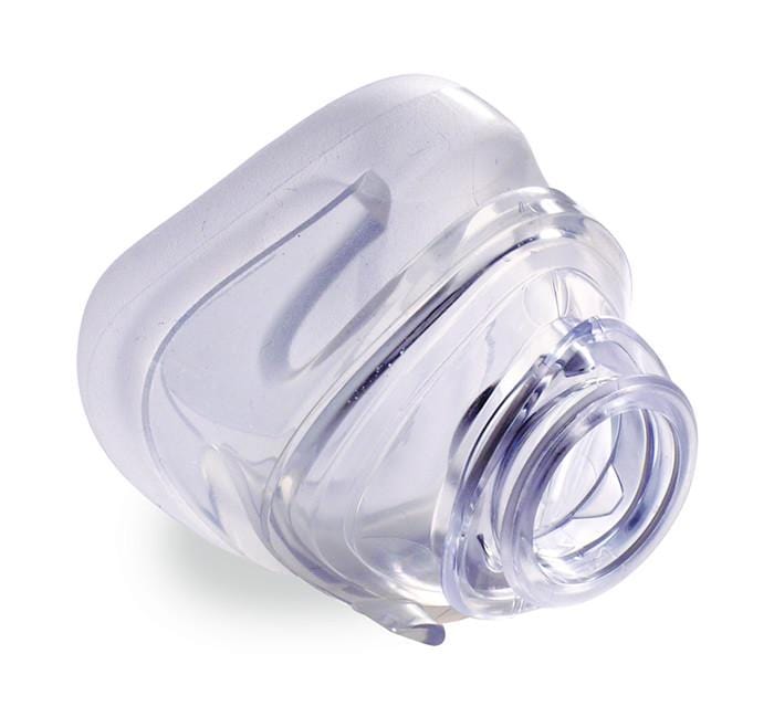 Clear silicone CPAP mask replacement cushion on white background
