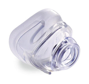 Clear silicone CPAP mask replacement cushion on white background