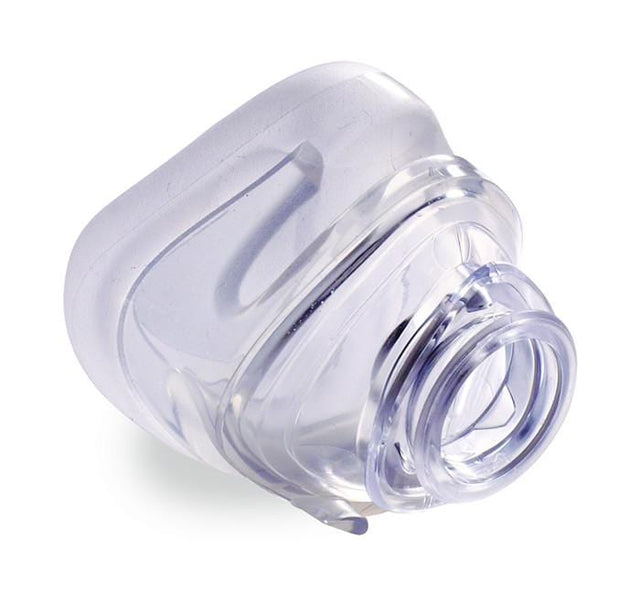 Clear silicone CPAP mask replacement cushion on white background