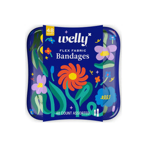 Assorted flex fabric bandages tin with floral design, 48 count, blue packaging.