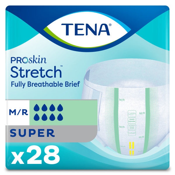 TENA ProSkin Stretch Super Incontinence Brief, Heavy Absorbency, Unisex, Medium/Regular, 33" - 52"