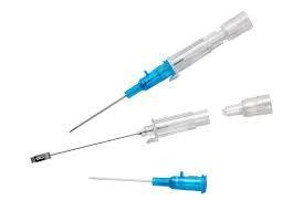 Disposable medical IV cannula with blue plastic hub and protective caps on a white background