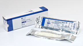 Petrolatum gauze strip medical dressing in sterile packaging, box and opened strip shown