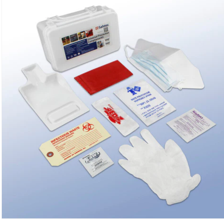 Universal precaution kit with gloves, face masks, disposal bags, and medical supplies.