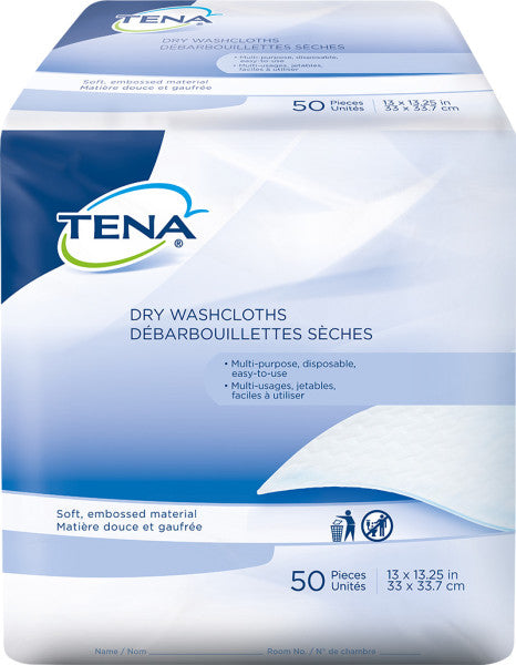 TENA Dry Washcloths, Dry Disposable Wipes, 13"x13"