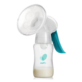 Manual breast pump with teal handle and milk collection bottle on black background