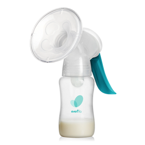 Manual breast pump with teal handle and milk collection bottle on black background