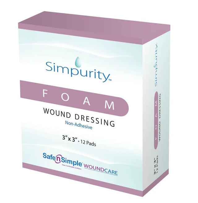 Simpurity foam wound dressing box, non-adhesive, 3x3 inches, 12 pads, medical supply