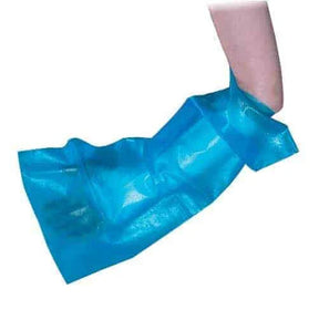 Disposable blue arm cover on a person's arm for medical protection