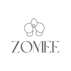 Zomee logo with stylized orchid flower and modern text on white background