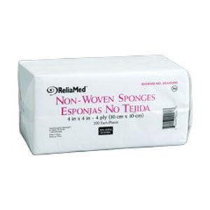 Package of ReliaMed non-woven medical sponges, white block with bilingual labeling.