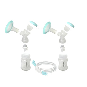 Double breast pump kit with two 15mm breast shields, bottles, and tubing for pumping