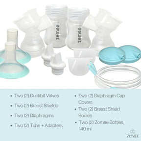 Zomee 15mm breast shield kit for double pumping with bottles, valves, tubes, and accessories.