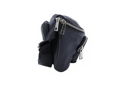 Black crossbody bag with multiple zippered compartments and adjustable strap on white background