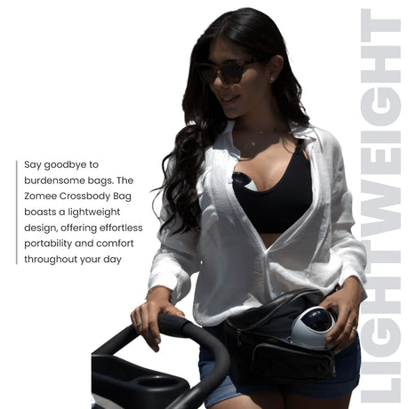 Woman wearing a black crossbody bag for breast pumps, lightweight and hands-free design