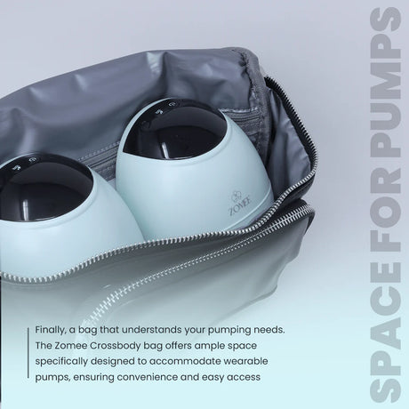 Wearable breast pumps stored inside a black crossbody bag with zippered opening