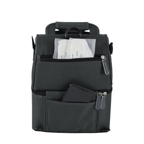 Black insulated cooler zipper bag with ice packs and phone in front pocket