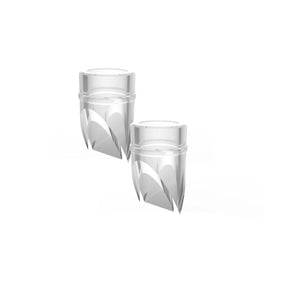 Set of two clear silicone duckbill valves for breast pumps on white background