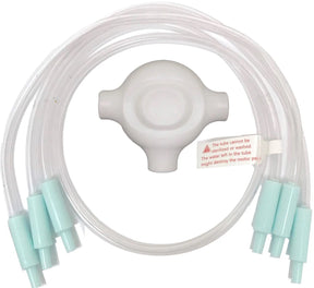 Medical-grade tubing set with white valve and aqua connectors, used for pump accessories